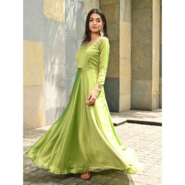 Vinya Green Silk Georgette Fit and Flare Dress with Organza Dupatta (Set of 2)