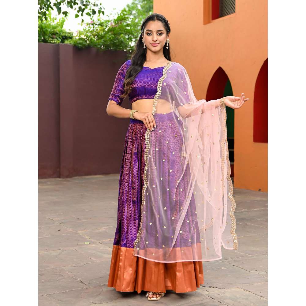 Vinya Purple Banarasi Choli and Lehenga with Embroidered Dupatta (Set of 3)