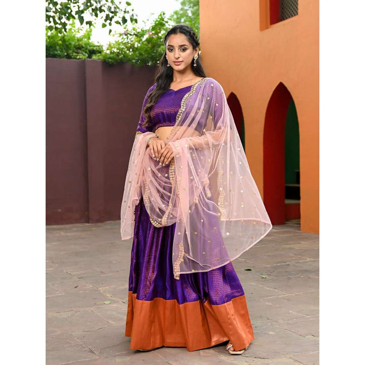 Vinya Purple Banarasi Choli and Lehenga with Embroidered Dupatta (Set of 3)