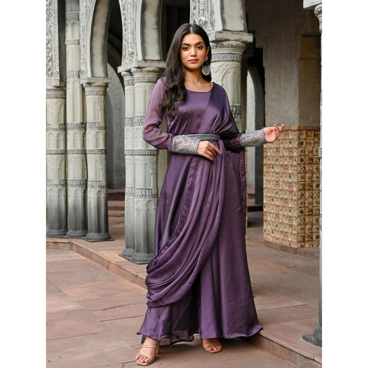 Vinya Purple Silk Georgette Fit and Flare Drape Dress (Set of 2)