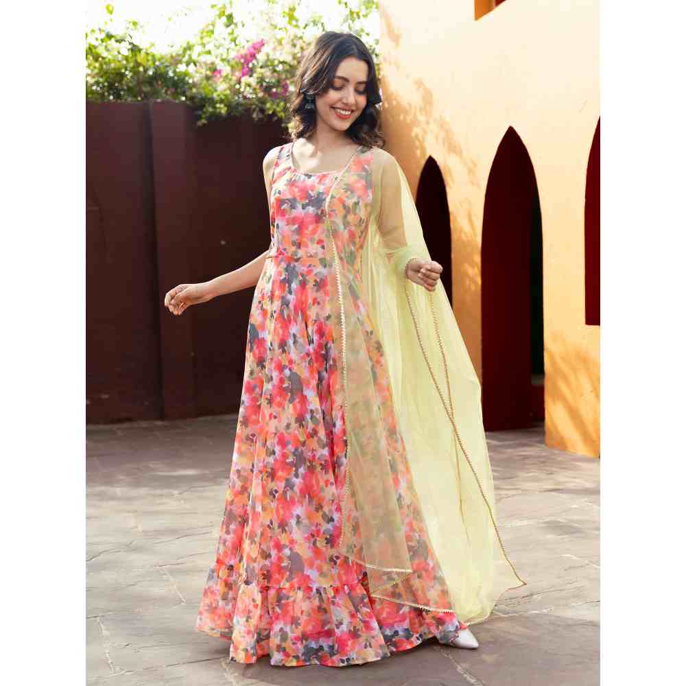 Vinya Pink Floral Printed Sleeveless Georgette Dress With Net Dupatta (Set of 2)