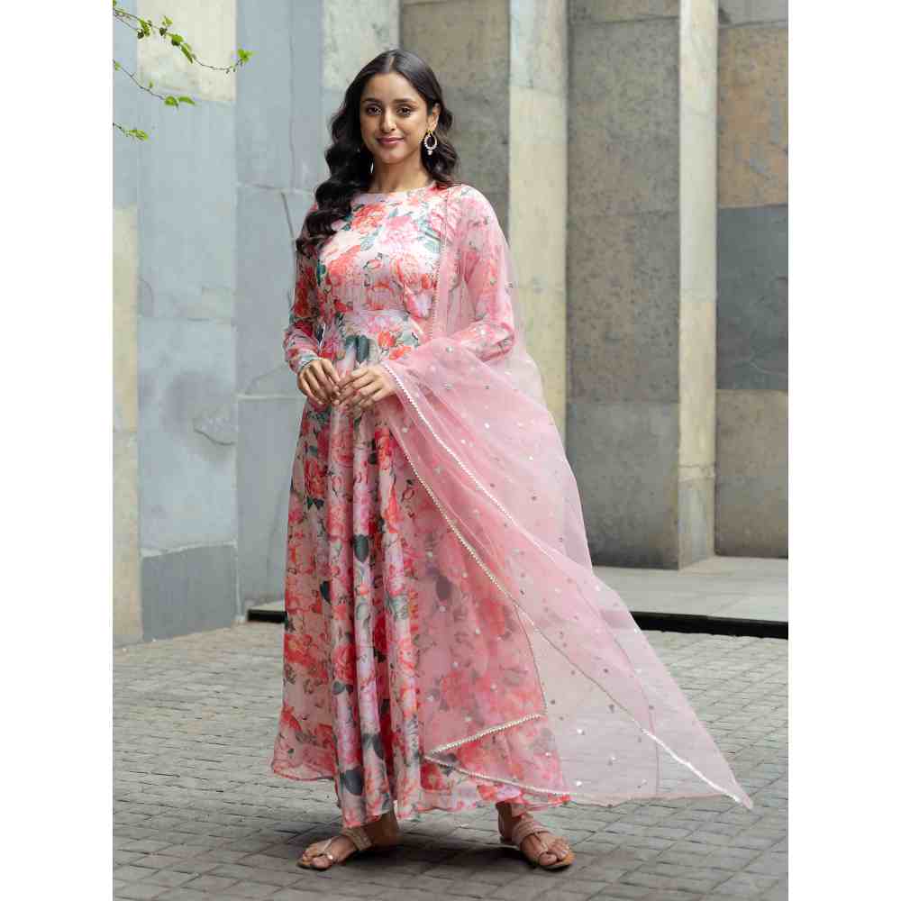 Vinya Pink Floral Printed Silk Georgette Dress With Embridered Net Dupatta (Set of 2)