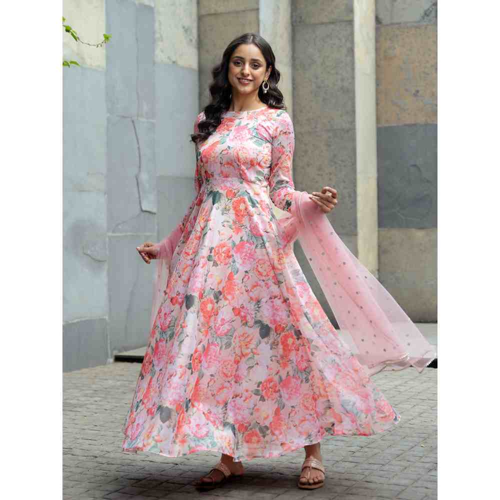 Vinya Pink Floral Printed Silk Georgette Dress With Embridered Net Dupatta (Set of 2)