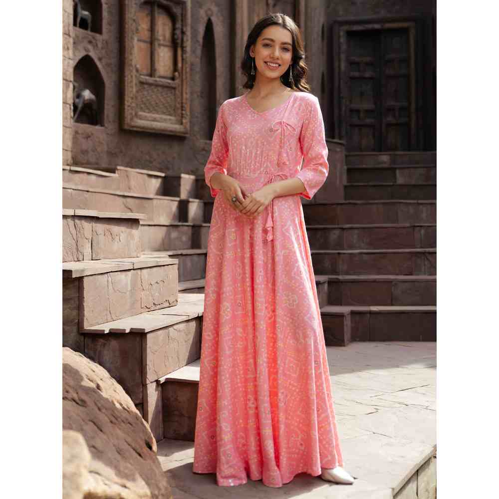 Vinya Pink Bandini Print Fit & Flare Maxi Dress