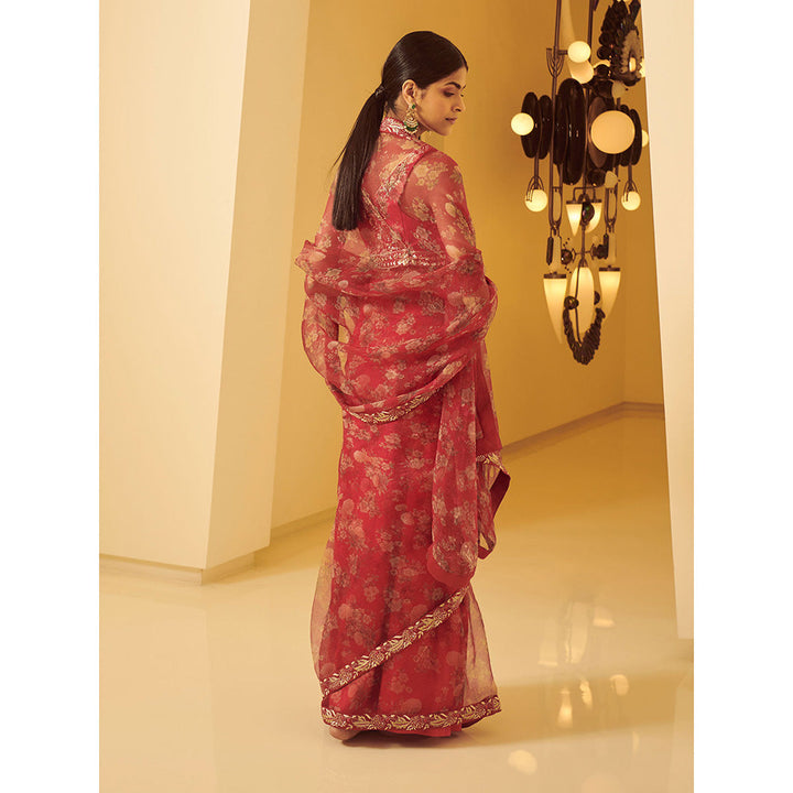 VARUN BAHL Red Saree And Blouse With Belt