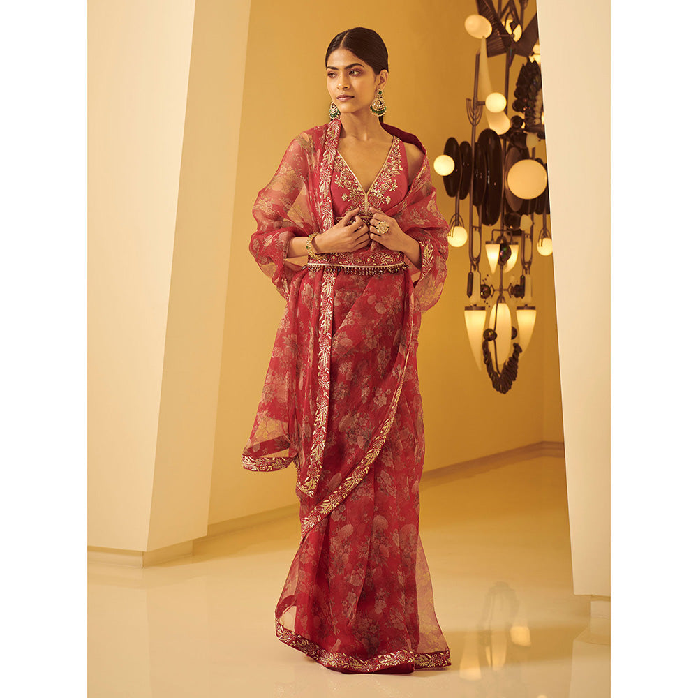 VARUN BAHL Red Saree And Blouse With Belt