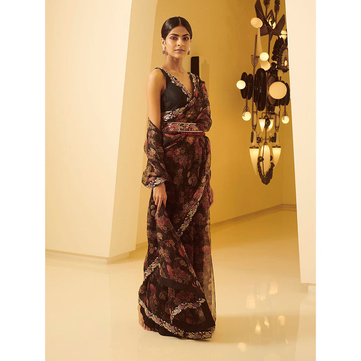 VARUN BAHL Black Saree And Blouse Styled With Belt