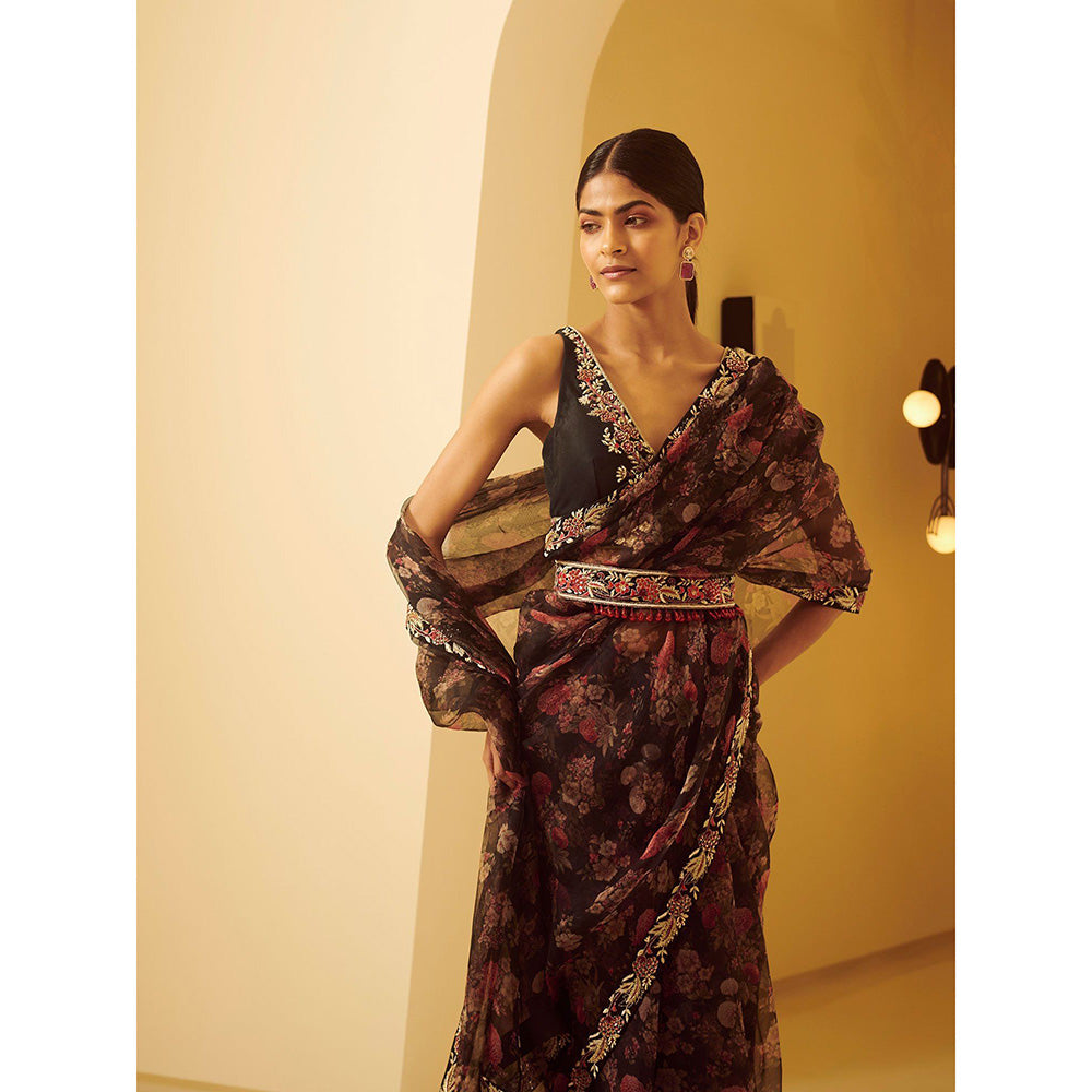 VARUN BAHL Black Saree And Blouse Styled With Belt
