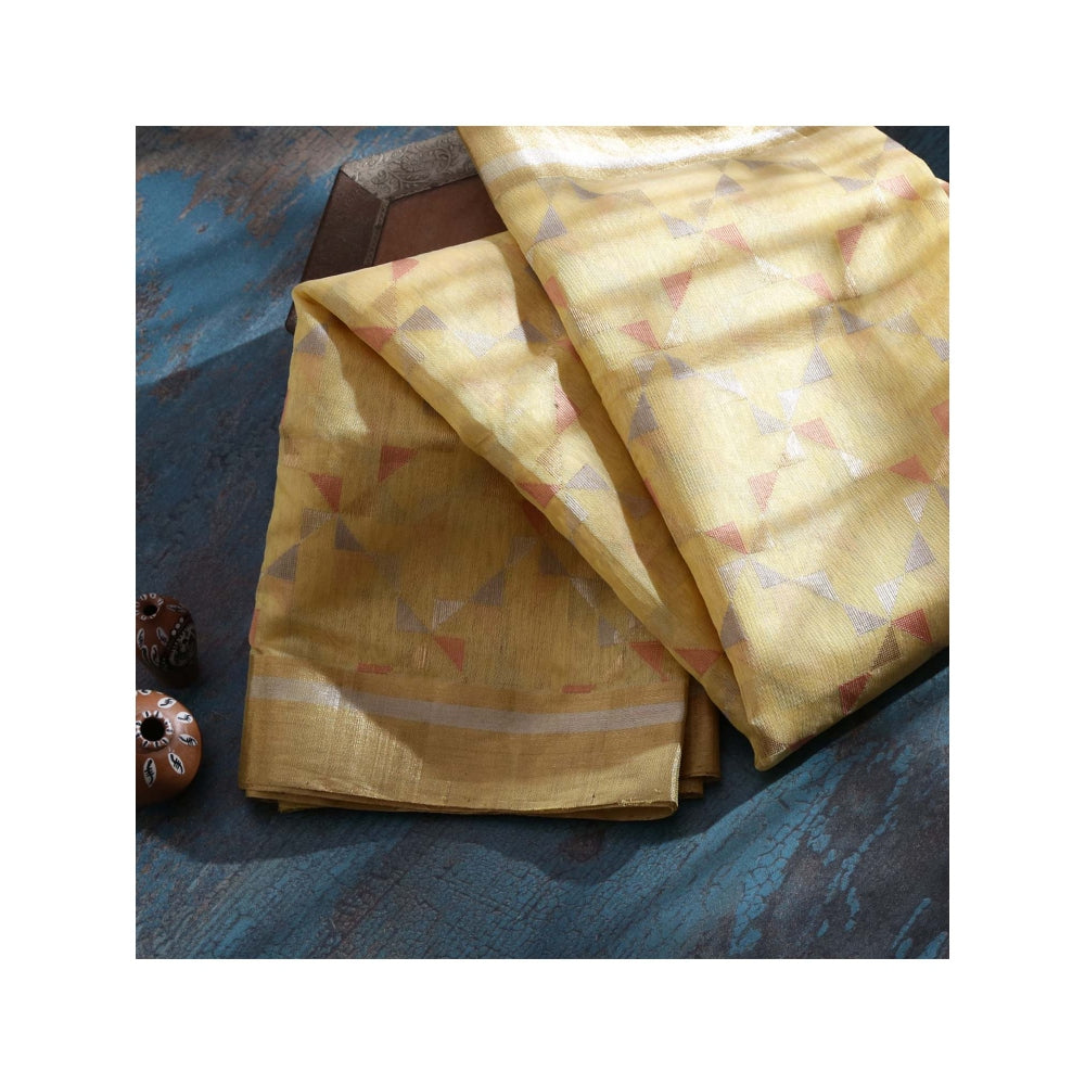 WeaverStory Handloom Lemon Yellow Cotton Silk Chanderi Dupatta