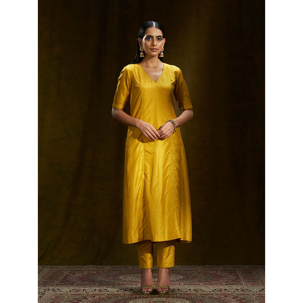 WeaverStory Mustard Mulberry Silk Kalidar Suit (Set of 2)