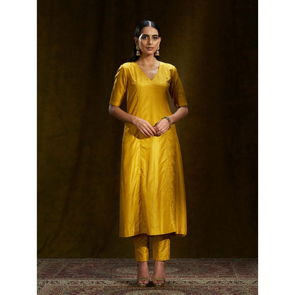 WeaverStory Mustard Mulberry Silk Kalidar Suit (Set of 2)