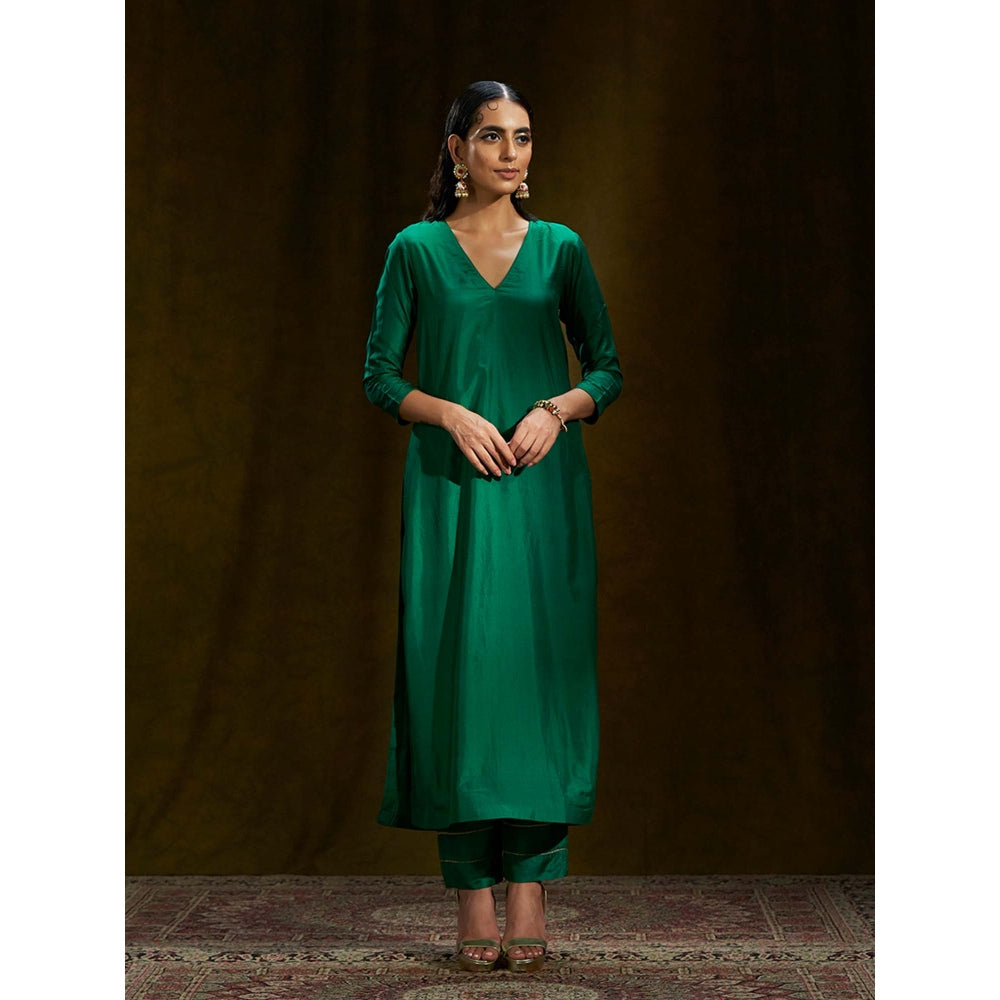 WeaverStory Emerald Green Pure Mulberry Silk Suit (Set of 2)