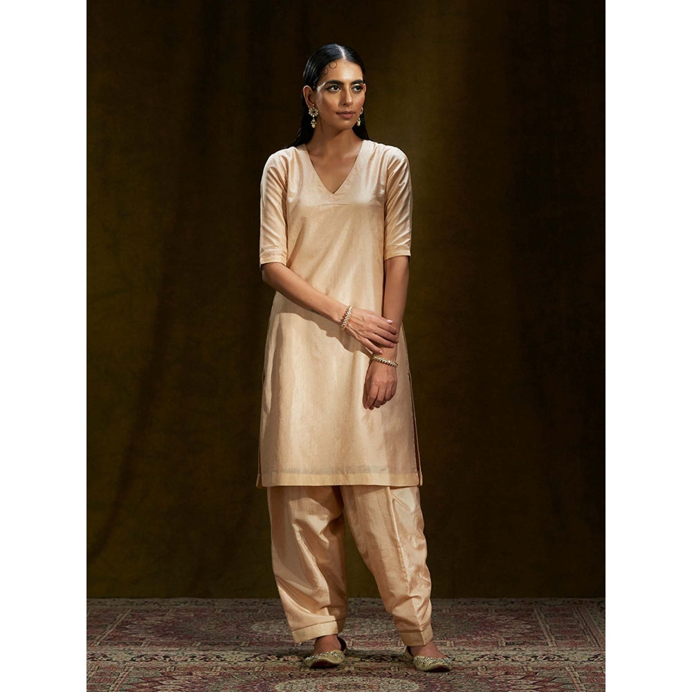 WeaverStory Peach Mulberry Silk Short Kurta Shalwar (Set of 2)