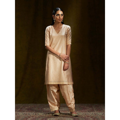 WeaverStory Peach Mulberry Silk Short Kurta Shalwar (Set of 2)