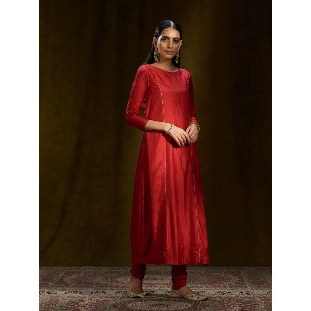 WeaverStory Red Pure Mulberry Silk Kurta With Churidar (Set of 2)