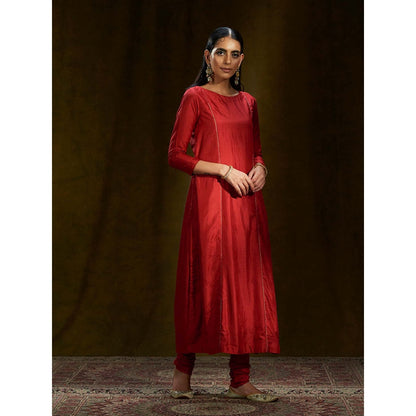 WeaverStory Red Pure Mulberry Silk Kurta With Churidar (Set of 2)