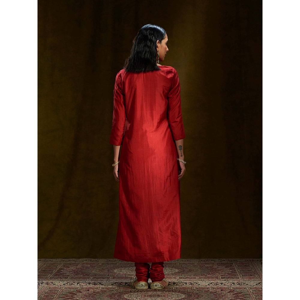 WeaverStory Red Pure Mulberry Silk Kurta With Churidar (Set of 2)