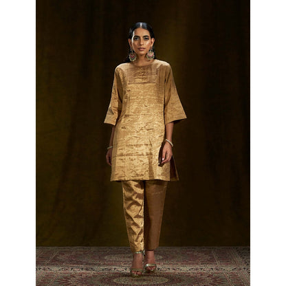 WeaverStory Gold Silk Tissue Short Kurta And Pants (Set of 2)
