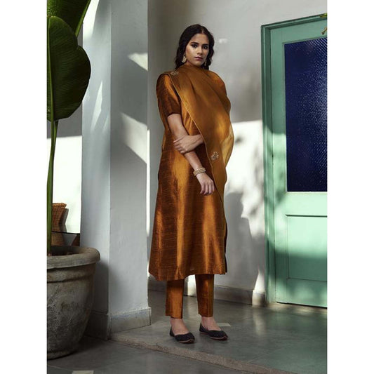 WeaverStory Embroidered Raw Silk Suit In Golden Mustard Color With Embroidery (Set of 3)