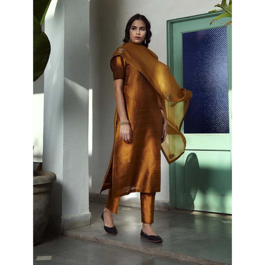 WeaverStory Embroidered Raw Silk Suit In Golden Mustard Color With Embroidery (Set of 3)