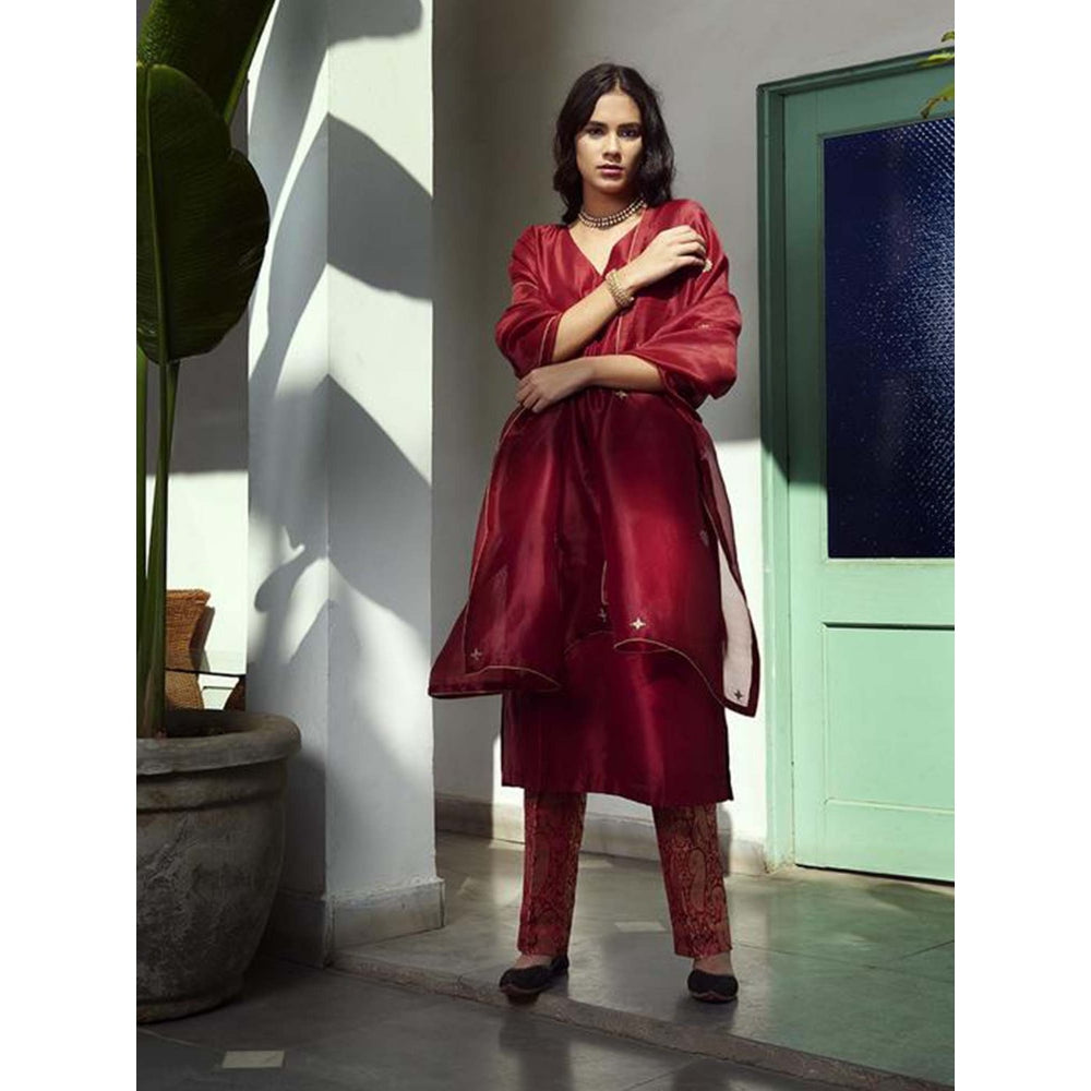 WeaverStory Embroidered Pure Silk Suit In Maroon With Dupatta And Brocade Silk Pants (Set of 3)