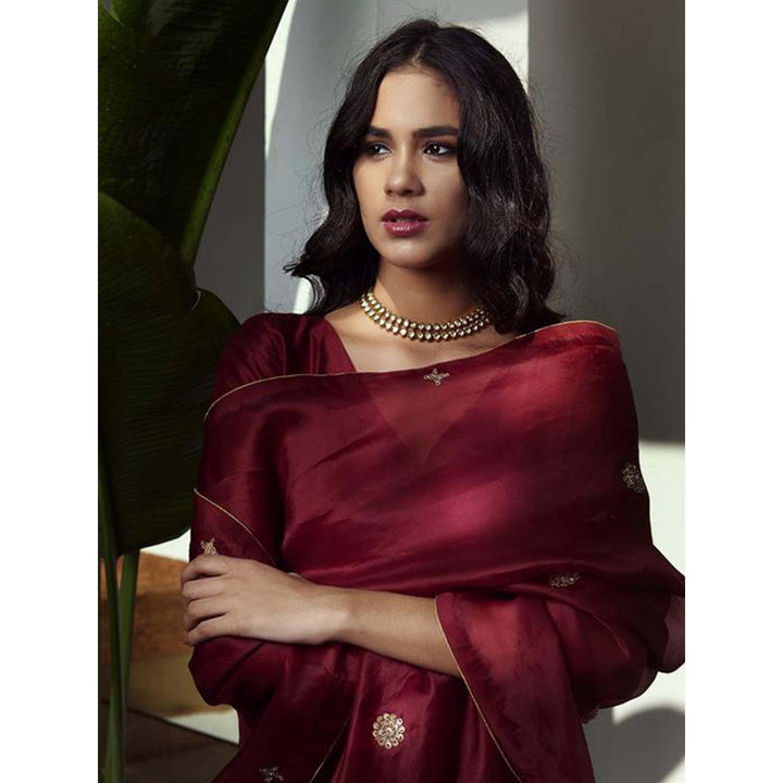 Weaverstory Embroidered Pure Silk Suit In Maroon With Dupatta And Brocade Silk Pants (Set Of 3)
