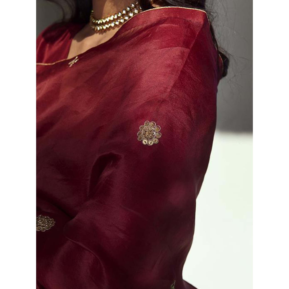 WeaverStory Embroidered Pure Silk Suit In Maroon With Dupatta And Brocade Silk Pants (Set of 3)