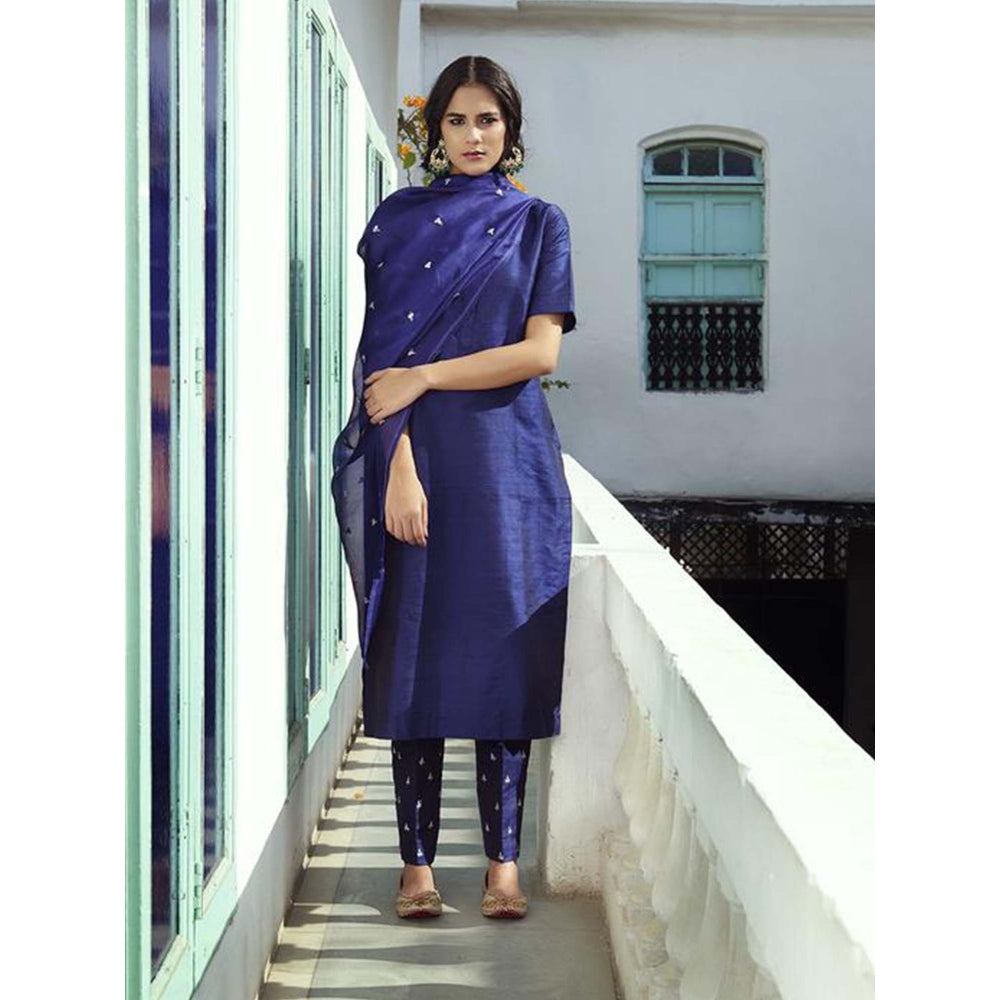 WeaverStory Hand Embroidered Raw Silk Suit In Navy Blue With Dupatta And Silk Pants (Set of 3)