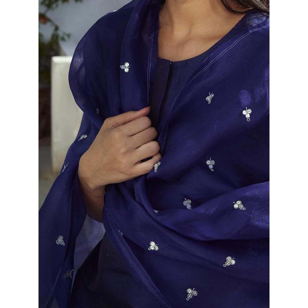 WeaverStory Hand Embroidered Raw Silk Suit In Navy Blue With Dupatta And Silk Pants (Set of 3)