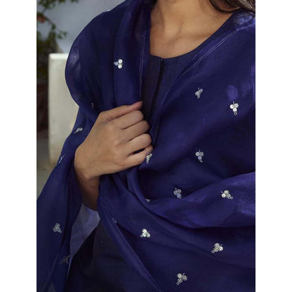 WeaverStory Hand Embroidered Raw Silk Suit In Navy Blue With Dupatta And Silk Pants (Set of 3)
