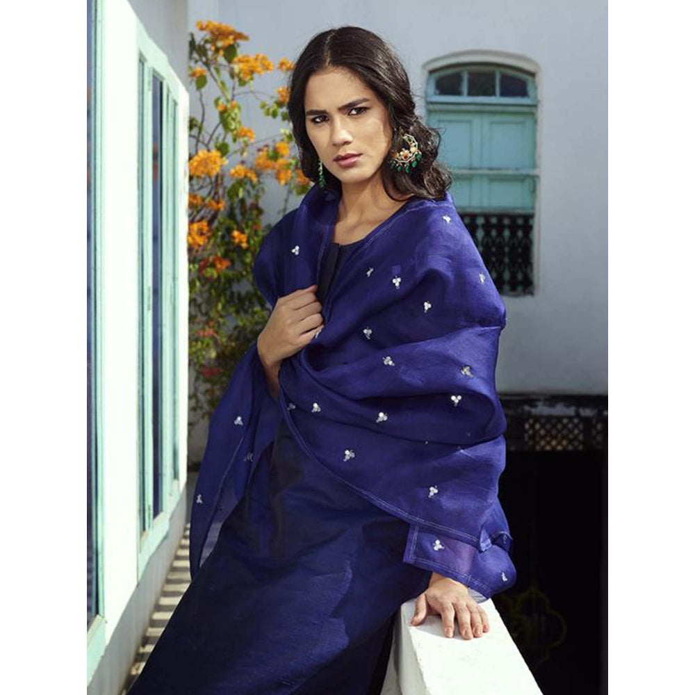 WeaverStory Hand Embroidered Raw Silk Suit In Navy Blue With Dupatta And Silk Pants (Set of 3)