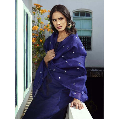 WeaverStory Hand Embroidered Raw Silk Suit In Navy Blue With Dupatta And Silk Pants (Set of 3)
