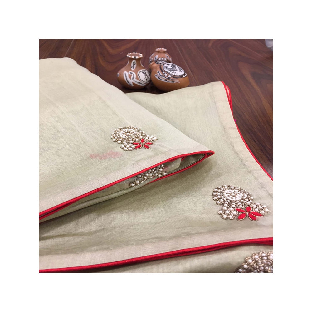 WeaverStory Handloom Pista Chanderi Dupatta with Resham and Pearls