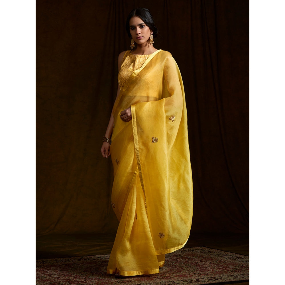 WeaverStory Yellow Organza Saree With Unstitched Blouse