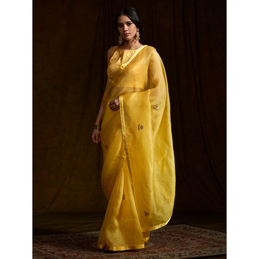 WeaverStory Yellow Organza Saree With Unstitched Blouse