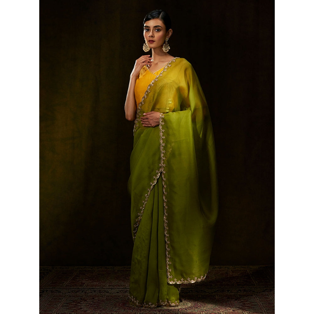 WeaverStory Henna Green Hand Embroidered Organza Saree With Scalloped Zardozi Borders