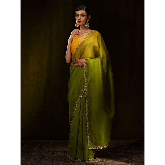 WeaverStory Henna Green Hand Embroidered Organza Saree With Scalloped Zardozi Borders