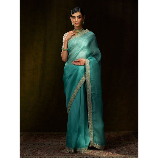 WeaverStory Aqua Blue Hand Embroidered Organza Saree With Zardozi Borders