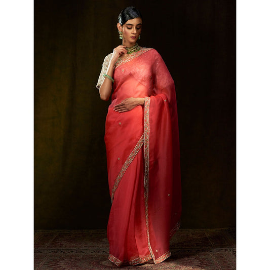 WeaverStory Coral Peach Hand Embroidered Organza Saree With Zardozi