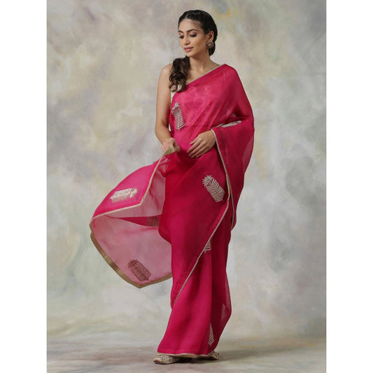 WeaverStory Pink Hand Embroidered Organza Saree With Zardozi Booti