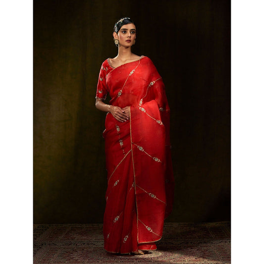 WeaverStory Red Hand Embroidered Organza Saree With Zardozi Bel