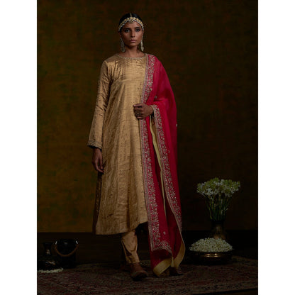 WeaverStory Golden Tissue Suit Set With Zardozi Work Dupatta (Set of 3)