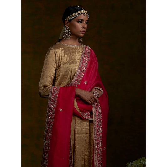 WeaverStory Golden Tissue Suit Set With Zardozi Work Dupatta (Set of 3)