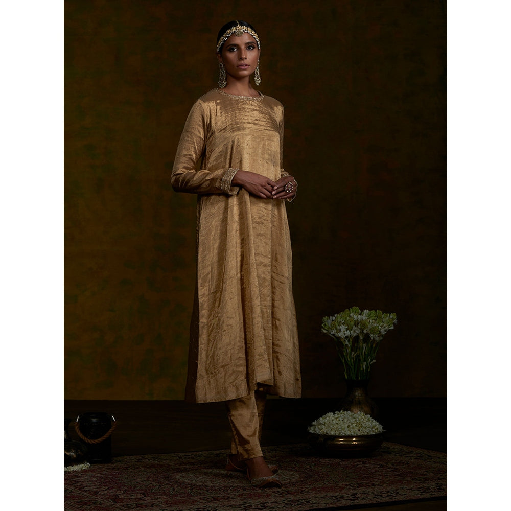 WeaverStory Golden Tissue Suit Set With Zardozi Work Dupatta (Set of 3)