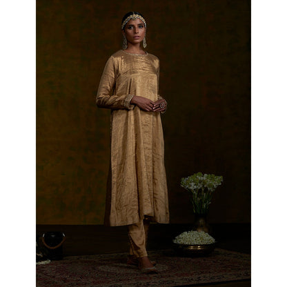 WeaverStory Golden Tissue Suit Set With Zardozi Work Dupatta (Set of 3)