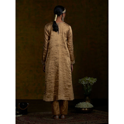 WeaverStory Golden Tissue Suit Set With Zardozi Work Dupatta (Set of 3)