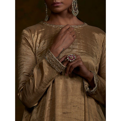 WeaverStory Golden Tissue Suit Set With Zardozi Work Dupatta (Set of 3)