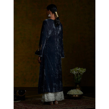 WeaverStory Navy Blue Velvet Tunic With Zardosi With Silver Tissue Pants (Set of 2)