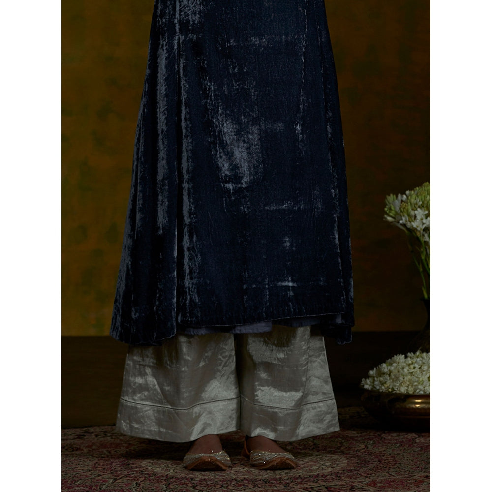 WeaverStory Navy Blue Velvet Tunic With Zardosi With Silver Tissue Pants (Set of 2)