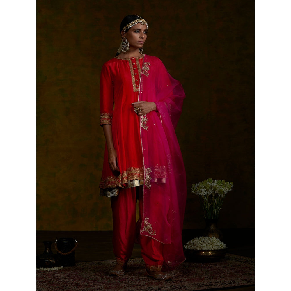 WeaverStory Red Short Gherdar And Salwar Set With Pink Embroidered Dupatta (Set of 3)